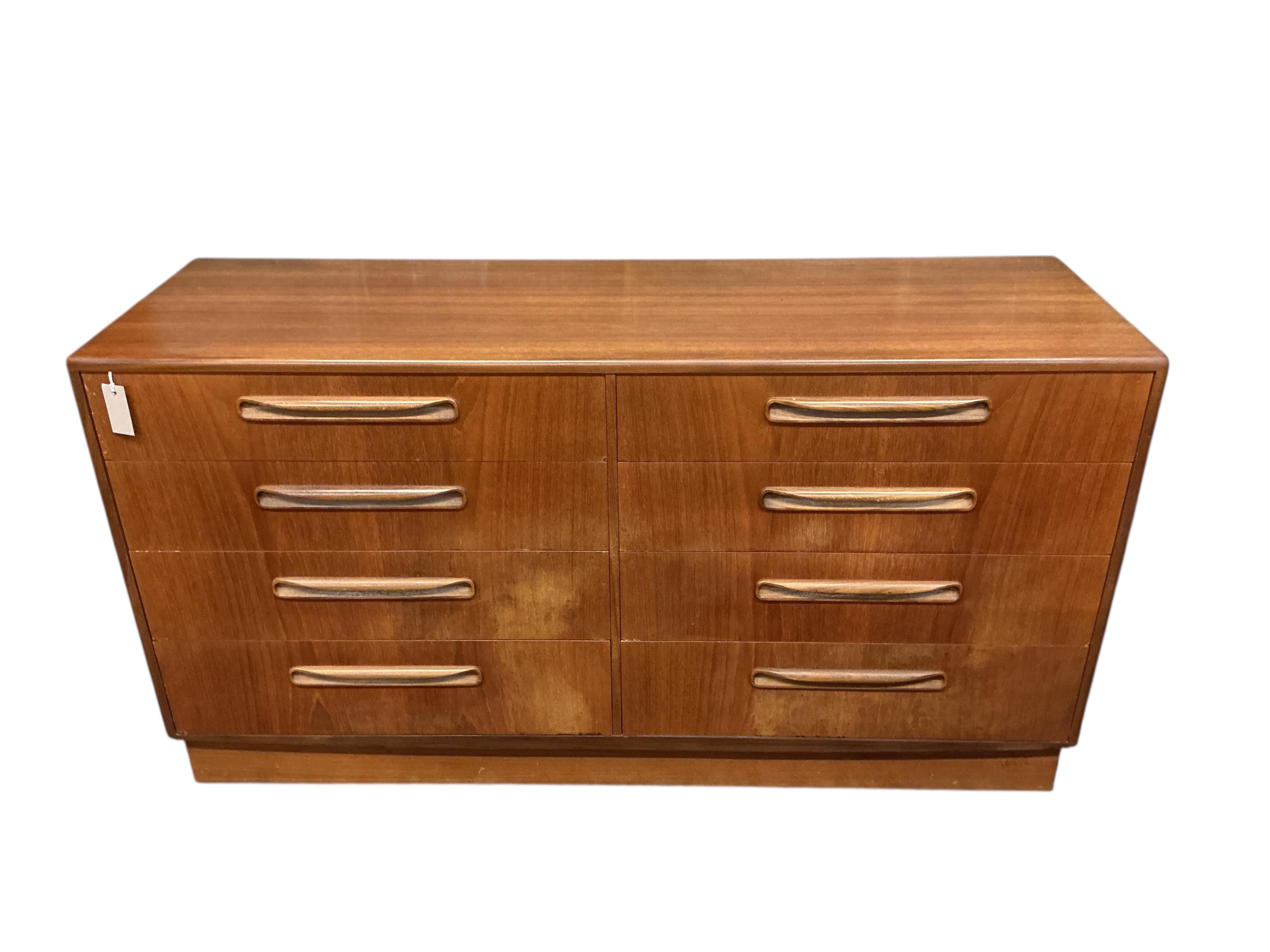 A mid century G plan 'Fresco' teak eight drawer chest, width 142cm, depth 44cm, height 75cm